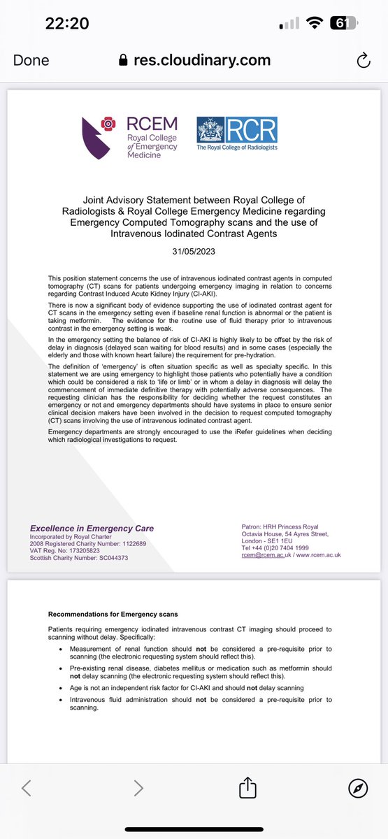 This is great forward thinking by <a href="/RCollEM/">Royal College of Emergency Medicine</a> and <a href="/RCRadiologists/">The Royal College of Radiologists</a>.

Time to stop Requests for Renal Function pre scan! Irrespective of existing disease or not!