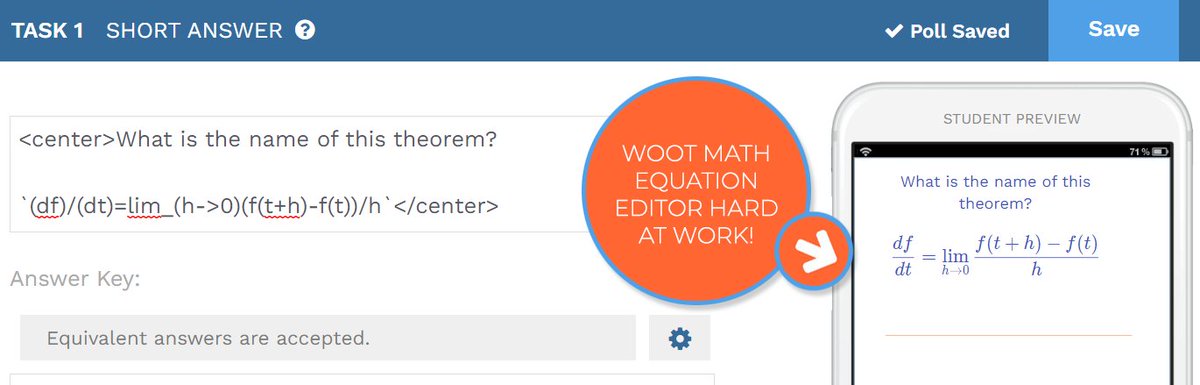 Math equations in your quizzes and polls are a snap with the Woot Math equation editor! #formative assessment #edchat wootmath.com/polls/demo