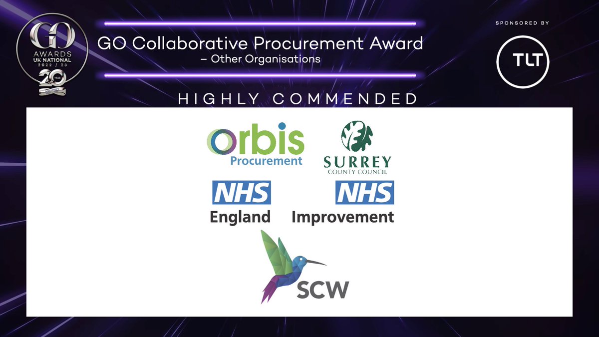 The two highly commended entries are: Seven Force Strategic Collaboration - 7F Commercial Services &amp; Laser Energy, and <a href="/Orbis_Partners/">Orbis Procurement</a> (<a href="/SurreyNews/">Surrey County Council News</a>), <a href="/NHSEngland/">NHS England</a>, <a href="/NHSImprovement/">NHS Improvement</a> &amp; NHS South, Central and West Procurement. Lovely jubbly. 

#GOAwardsNational