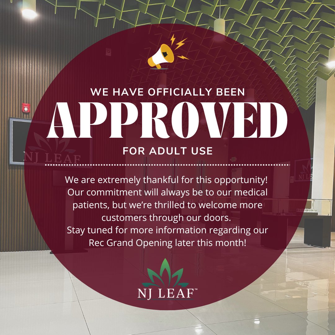 Today is a momentous day. The New Jersey Cannabis Regulatory Commission APPROVED NJ Leaf’s expanded ATC certification for recreational use!