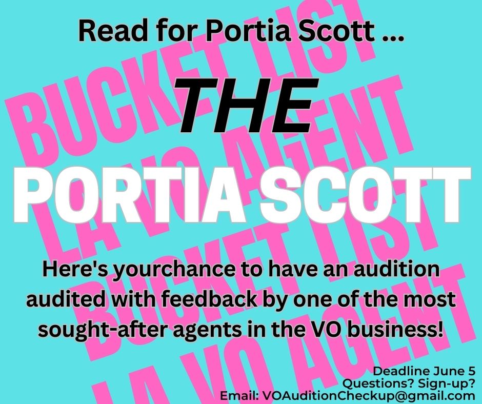 Find out what's working and what's not in your auditions.  It doesn't get better than this.  Two Zoom sessions, Two sets of Feedback from Portia and 
Cost:  $60
Sign up by June 5th by emailing voauditioncheckup@gmail.com.
tinyurl.com/JoinVOAC

#audition
#feedback
#agent