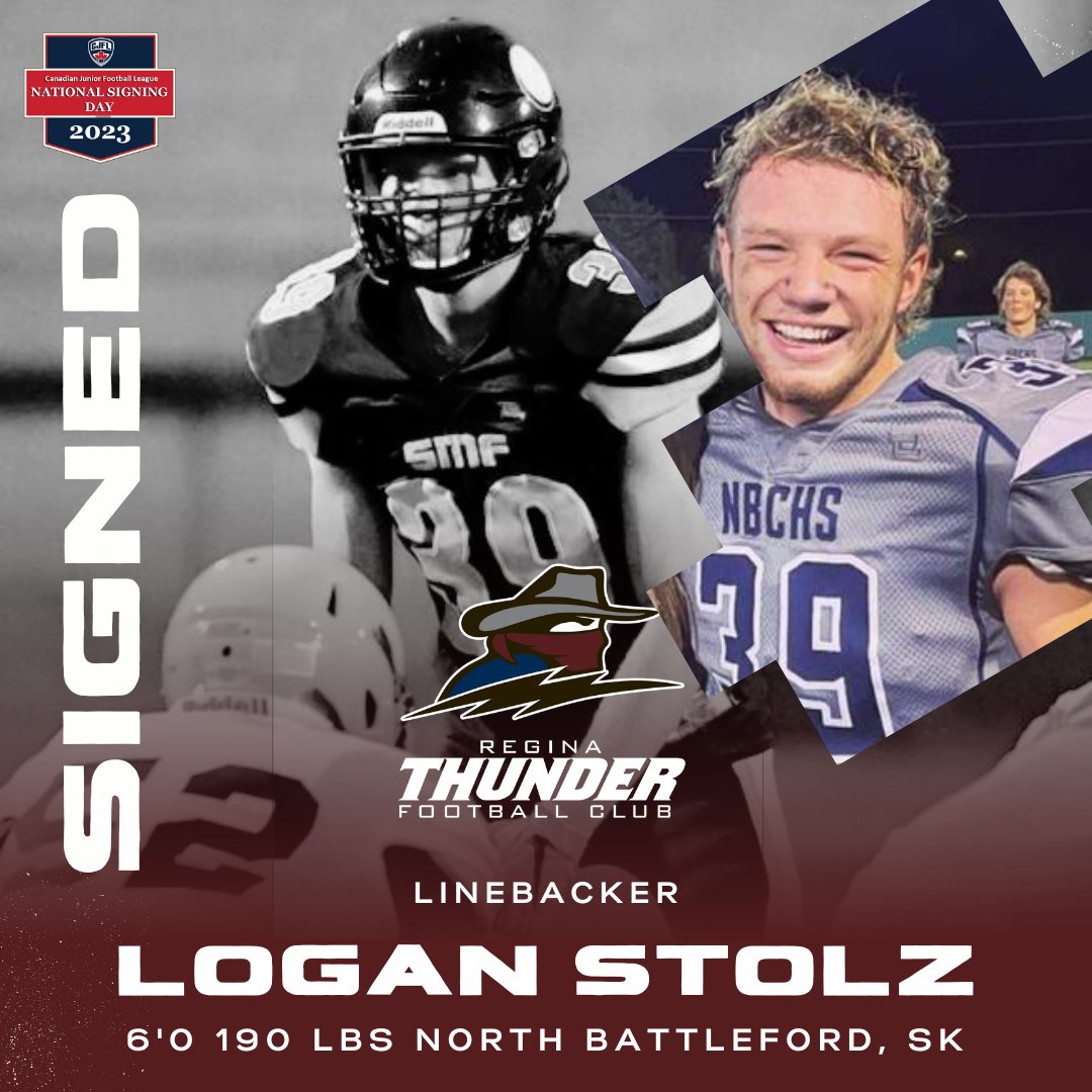 reginathunder's tweet photo. Out of North Battleford Comprehensive High School, the Regina Thunder is excited to announce the signing of Logan Stolz!
#committothegrit #CJFLsigningday #reginathunder #saskfootball @SaskRidersFDN https://t.co/MpfrN47LBf