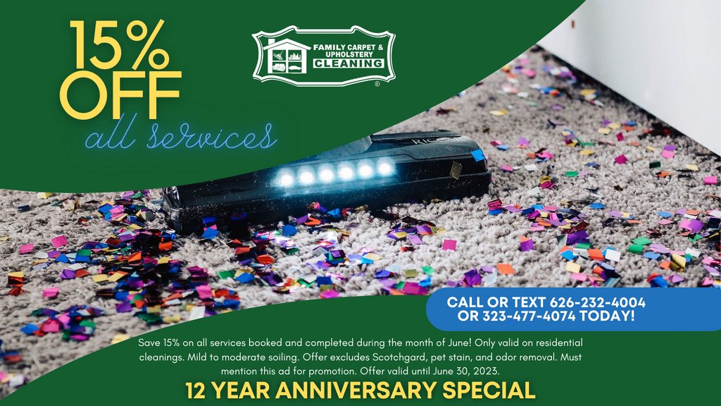 🥳 Celebrate our 12 Year Anniversary with 15% off ALL services booked & completed in June! ☀️
📞 Call or text today 626-232-4004 or 323-477-4074
Terms & conditions apply.

#carpetcleaning #upholsterycleaning #steamcleaning #carpetcleaners #supportsmallbusiness #businessmilestone
