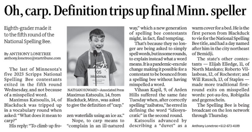 Proud of this headline on <a href="/StribLonetree/">Anthony Lonetree</a>’s story. As a former #spellingbee nerd I was shocked by this rule change!