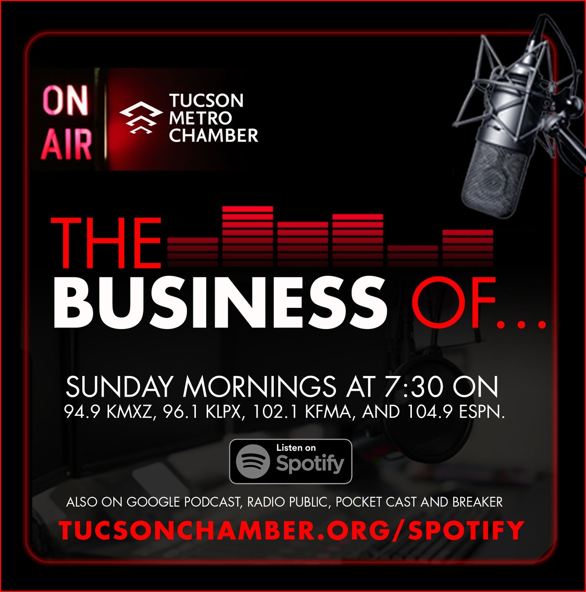 Would like to reach 17k live listeners on Tucson's No. 1 Sunday morning radio show and more across a multitude of podcast apps? Email thebusinessof@tucsonchamber.org to grab the next available air date on 9/3/23. #radio #podcasts #Tucson