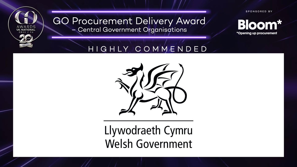 GOAwardsNews's tweet photo. The highly commended entry for the Procurement Delivery Award – Central Government Organisations is the @WelshGovernment. Great work! 

#GOAwardsNational https://t.co/FJ7Wyhfc7P