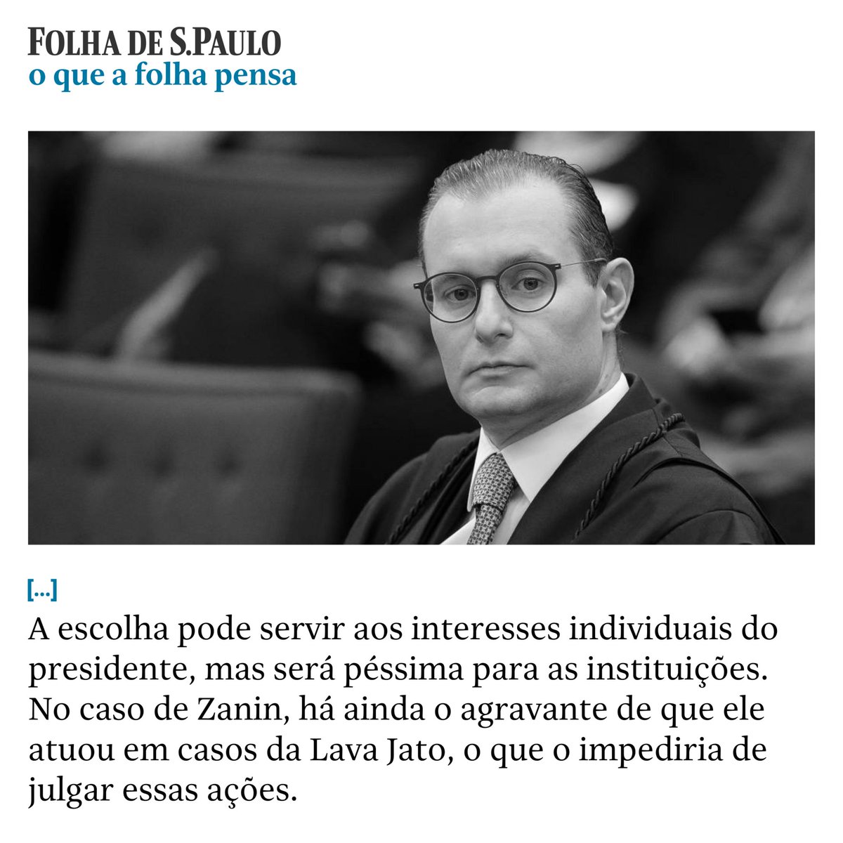 folha's tweet photo. O QUE A FOLHA PENSA | A escolha para o STF. Lula comprometerá credibilidade da alta corte se indicar ministro por lealdade. Leia o editorial completo em https://t.co/Ixe2ZmmMJu 📷 Pedro Ladeira - 04.dez.18/Folhapress https://t.co/92IGEUy5ap