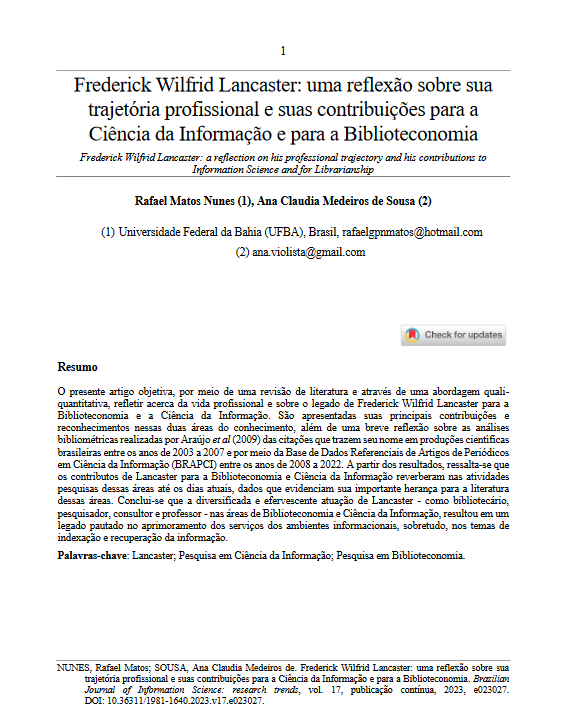 Frederick Wilfrid Lancaster l"[...] atuação de Lancaster [...] resultou em um legado pautado no aprimoramento dos serviços dos ambientes informacionais, sobretudo, nos temas de indexação e recuperação da informação." #Biblioteconomia #FrederickLancaster revistas.marilia.unesp.br/index.php/bjis…