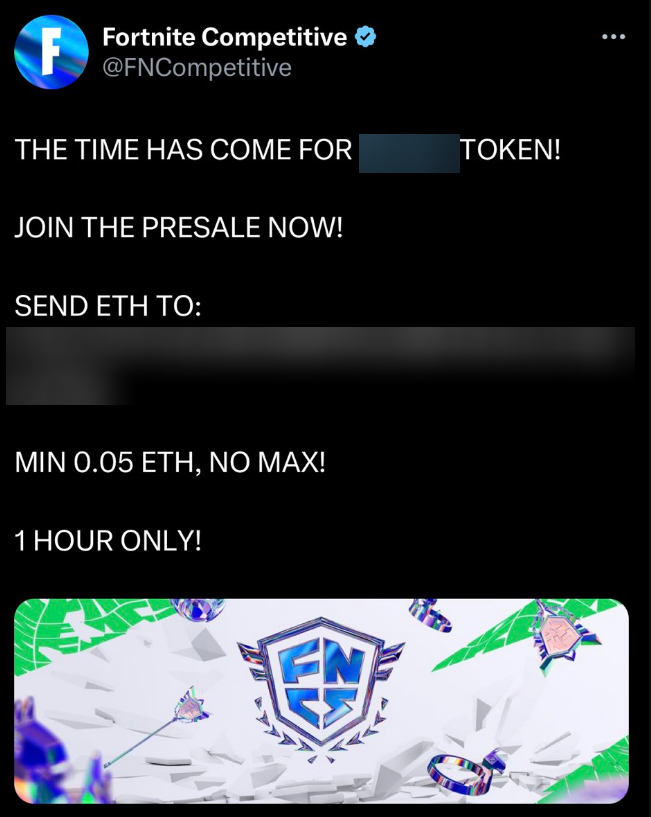 HYPEX's tweet photo. Fortnite's Competitive account was hacked a few minutes ago a promoted a crypto coin &amp; a scam. https://t.co/mr5TvxNkdJ