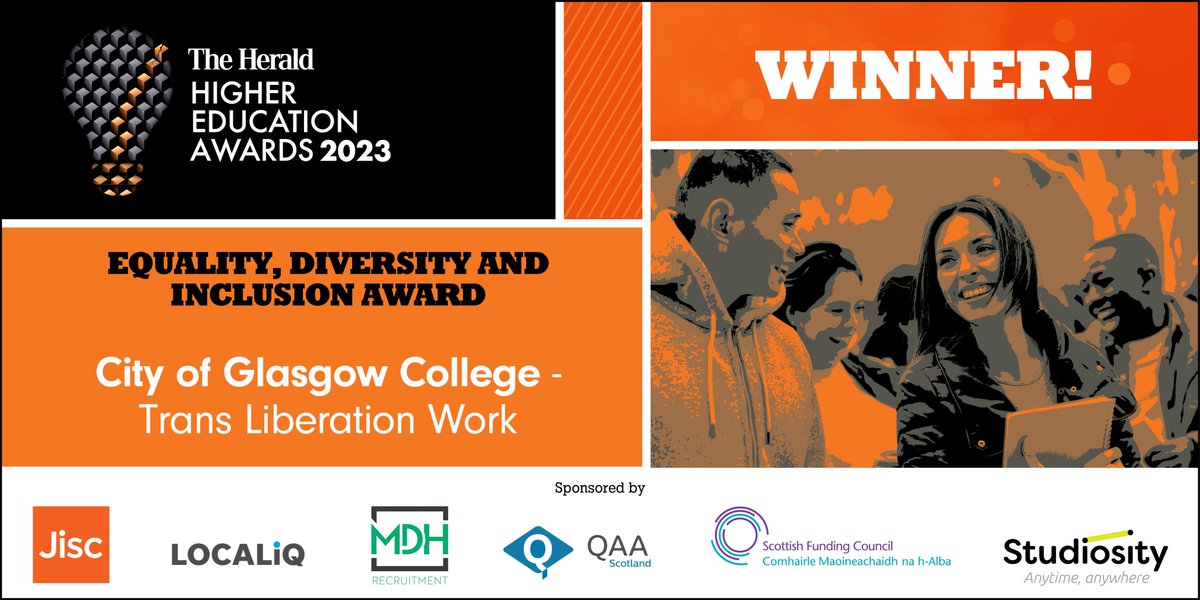Equality, Diversity and Inclusion Award for 2023 at The Herald Higher Education Awards goes to City of Glasgow College - Trans Liberation Work <a href="/CofGCollege/">City of Glasgow College</a>
