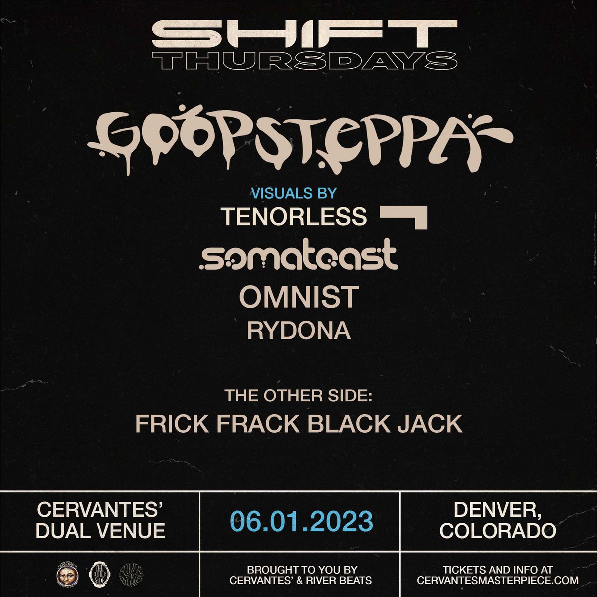 goopsteppa's tweet photo. Denver u ready

the king @tenorless_ on visuals

downtempo daddy @somatoast_music on support

Dual venue with Frick Frack Blackjack on The Other Side

Low tix this is ur warning - heart this ish &amp; RT and I’ll grab one of u at random for a free tix

I love u :) https://t.co/dJcM4SrD0x