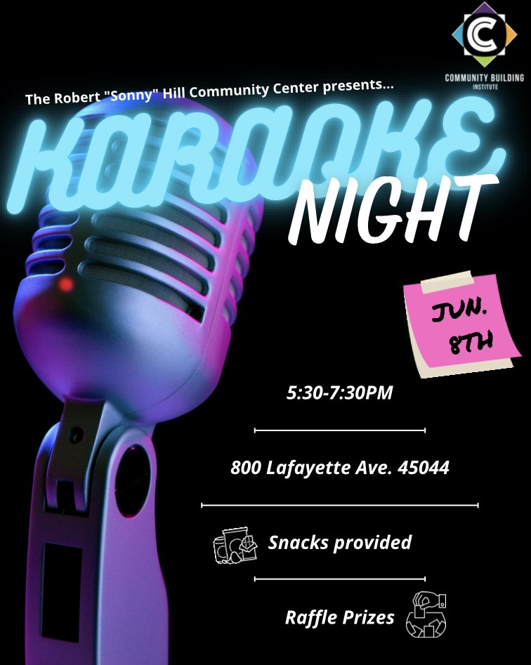 One week from today is Karaoke Night. Come perform your favorite songs, there will be snacks and raffle prizes. Join us June 8th from 5:30-7:30 at the Robert “Sonny” Hill Community Center. Get ready to sing your heart out!

#MiddieRising
#CBIONTHERISE