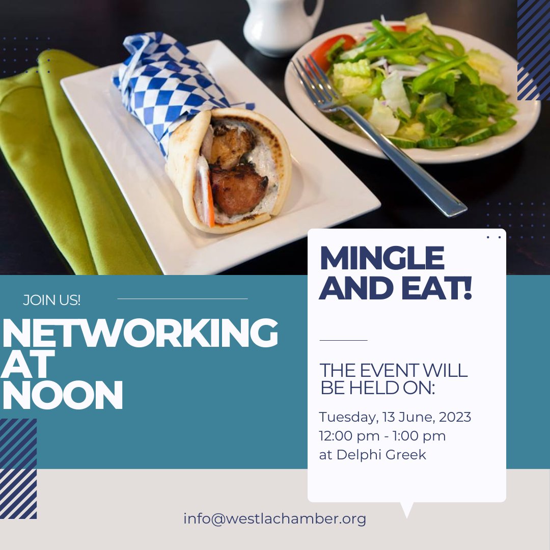 Get connected at Networking at Noon! 🤝🕛 Join us on June 13th for an exciting networking event where professionals from various industries come together to share ideas, build relationships, and unlock new opportunities. #NetworkingAtNoon #ConnectAndThrive #westlachamber