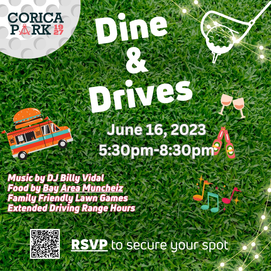 Join us on June 16th!
Enjoy extended driving range hours &amp; music by <a href="/DJBILLYVIDAL/">Billy Vidal</a>. It's a perfect blend of golf, food, family-friendly lawn games &amp; fun at Corica Park's Dine &amp; Drives!
RSVP to secure your free admission: bit.ly/dineanddrives
*Food &amp; Drink available for purchase
