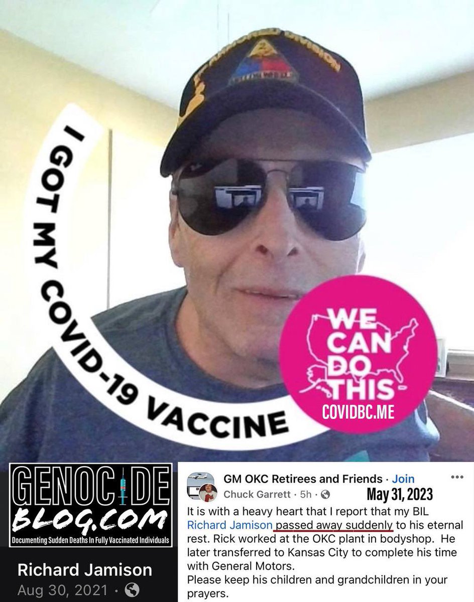 Richard Jamison 💉🪦
#FullyVaccinated #DiedSuddenly
(May 2023) 🇺🇸 Kansas 

“It is with a heavy heart that I report that my brother in law Richard Jamison passed away suddenly to his eternal rest ..

CovidBC.me
VaxGenocide.com
GenocideBlog.com