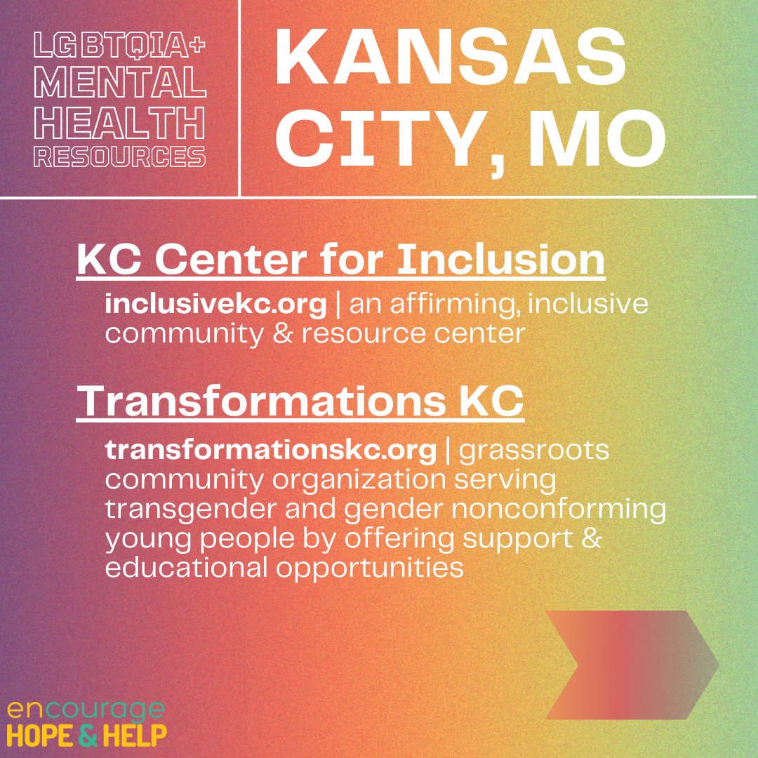 EncgHopeHelp's tweet photo. For LGBTQIA+ youth, having an affirming and understanding community makes all the difference - it can even save lives! Check out these local and national organizations to get connected to support and resources. @InclusiveKC @TrevorProject @TransLifeline @FamAcceptProj #LGBTPride https://t.co/nnC4gWHhsp