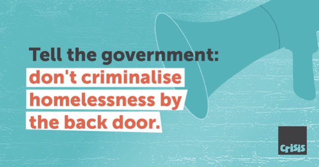 No one should be criminalised for being homeless. The government wants to replace the Vagrancy Act with new laws that would give the police new powers to criminalise begging. Slyly criminalising homelessness?! 🧐

Sign <a href="/crisis_uk/">Crisis</a> petition now - campaigns.crisis.org.uk/page/104386/pe…