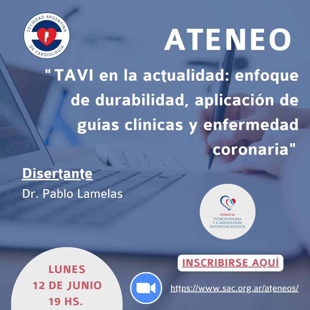 Queremos invitarlos al próximo ateneo del Consejo De Hemodinamia de la SAC titulado “TAVI en la actualidad: enfoque de durabilidad, aplicación de las guías clínicas y enfermedad coronaria”. Los esperamos!! 
📆 Lunes 12 de Junio 
⏱️ 19 hrs 
Registrarse en: sac.org.ar/evento/tavi-en…