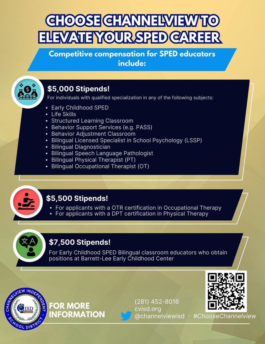 The first 25 teachers who #ChooseChannelview at tomorrow’s job fair will receive $100 cash PLUS competitive sign-on incentives. #WeAreChannelview