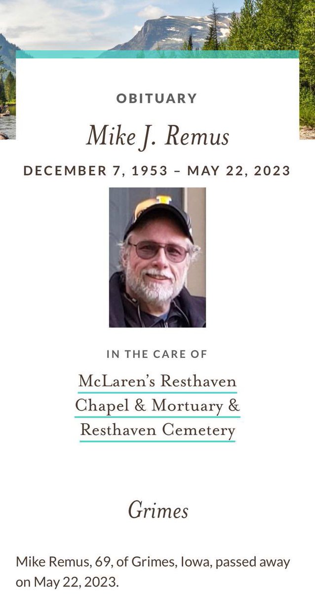 Mike Remus 💉🪦
#FullyVaccinated #DiedSuddenly
(May 2023) 🇺🇸 Iowa 

“ .. The sudden passing of my husband Mike Remus has forever changed our lives. We miss and love him so much!”

CovidBC.me
VaxGenocide.com
GenocideBlog.com