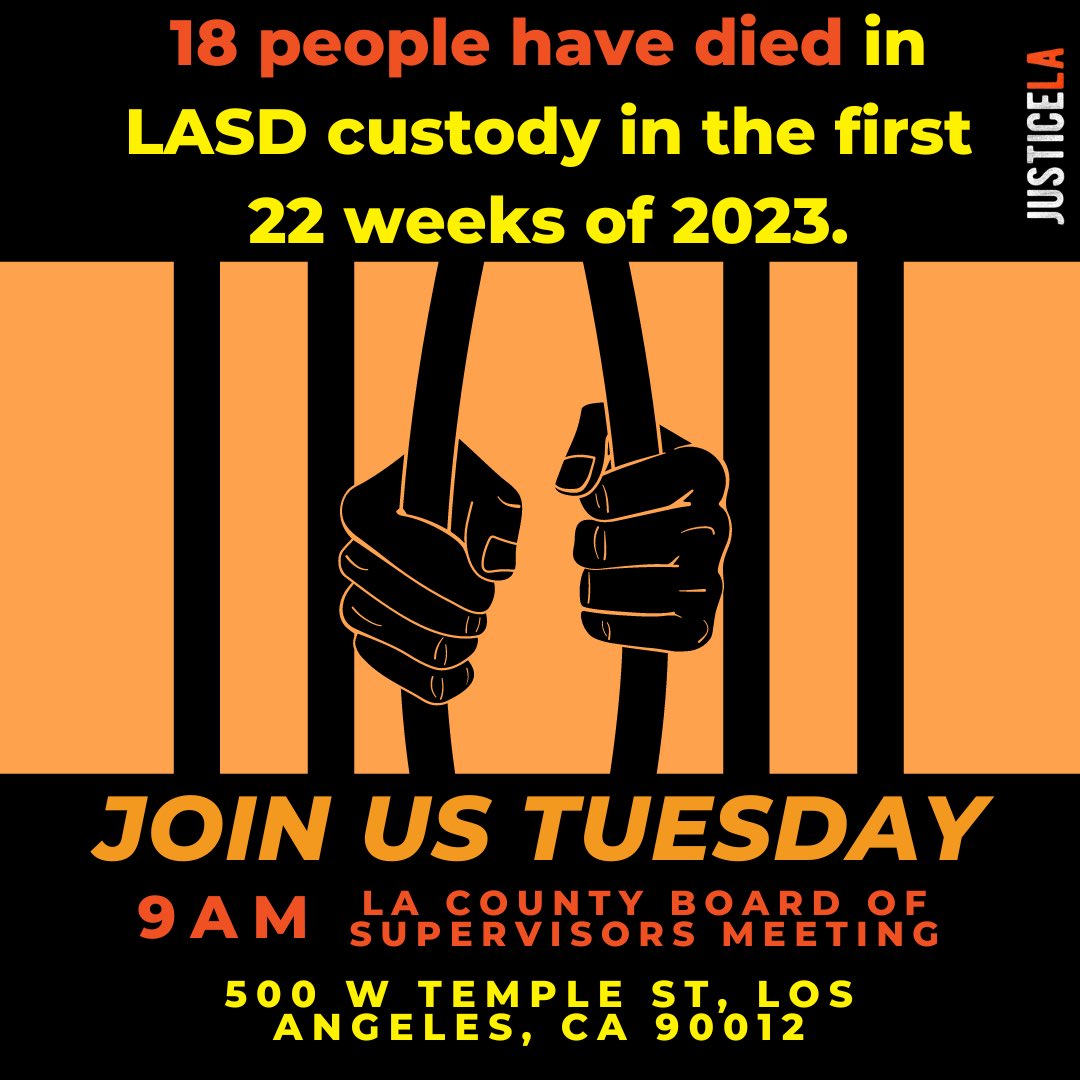 JusticeLANow's tweet photo. 🚨Two days ago a 32 year old man died in Men's Central Jail marking the 18th LASD in-custody death of 2023.🚨

Join us at 9AM on Tuesday, June 6th at the LA County Board of Supervisors meeting wearing orange🍊to show solidarity with the families who have lost loved ones inside. https://t.co/KBqO5lZ1HQ