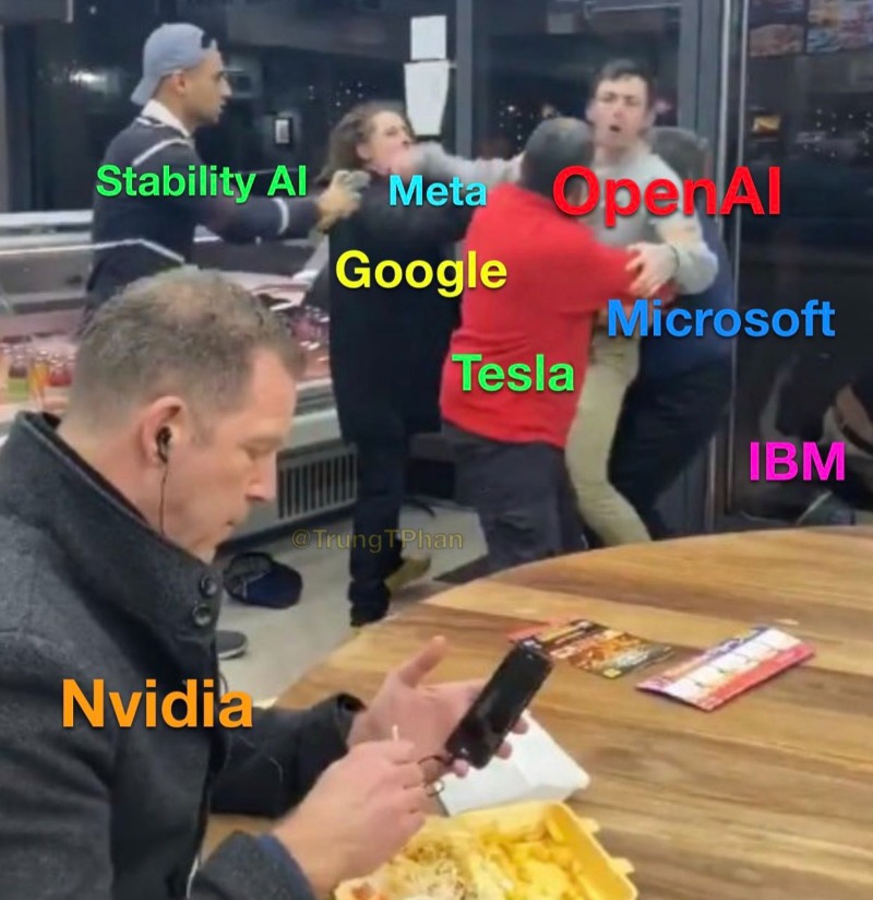 DrEliDavid's tweet photo. Microsoft, Google, Amazon, Apple, and Meta are in an AI gold rush. Nvidia is supplying the shovels. 

Follow me for the latest on the AI revolution. https://t.co/shh25Yb9je