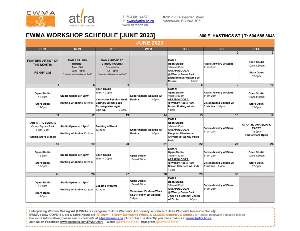 The June workshop schedule has landed! EWMA is so excited to be offering outdoor workshops to the community through 'Artapalooza' @ Wendy Poole Park #freeworkshop #artworkshop #CommunityBuilding #SocialEnterprise #TDParkPeople #TDReadyCommitment