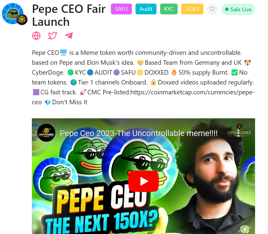 CryptoThro's tweet photo. TODAY TOP #PinkSale PICK        

Pepe CEO Fair Launch is #Cryptothro top pick for the day.      
I have got some.  Buy from this link 👇👇
https://t.co/6Sgdq2zY1m
🤝Team from Germany and UK  
🟢KYC
🔵AUDIT
🟣SAFU
🟡DOXXED.
🔥50% supply Burnt. 
✅No team tokens. 
🌍Tier 1 channels Onboard. 
🔒Doxxed videos uploaded regularly. 
🟪CG fast track. 
🚀CMC Pre-listed:
💎Don't Miss It 
BUY FROM https://t.co/6Sgdq2zY1m

#MemeCoinSeason #Bitboy $XRP #FEGtoken #SHIB #1000x #1000xGEM