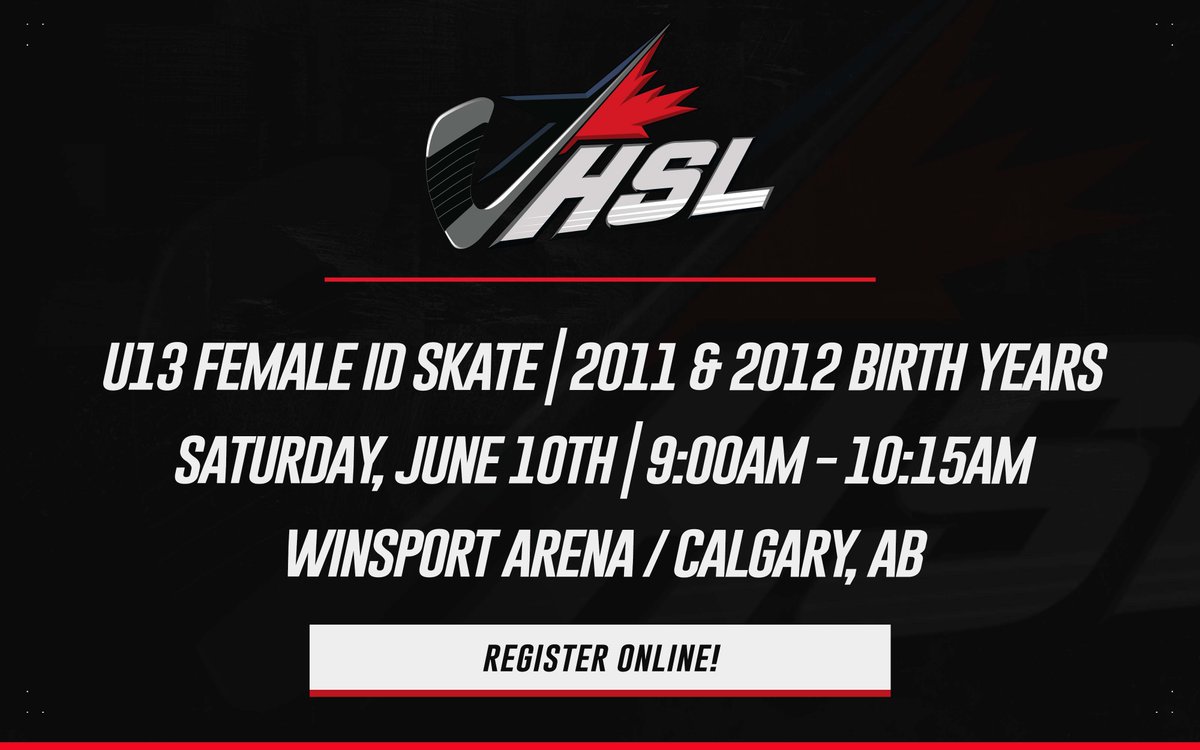 We are proud to announce an upcoming ID skate in Calgary, AB on Saturday, June 10th from 9:00am-10:15am at Winsport Arena for the U13 female team, who will compete in our new female division!
 
Register here --> rampregistrations.com/login?v3=04bd2…

#HSL