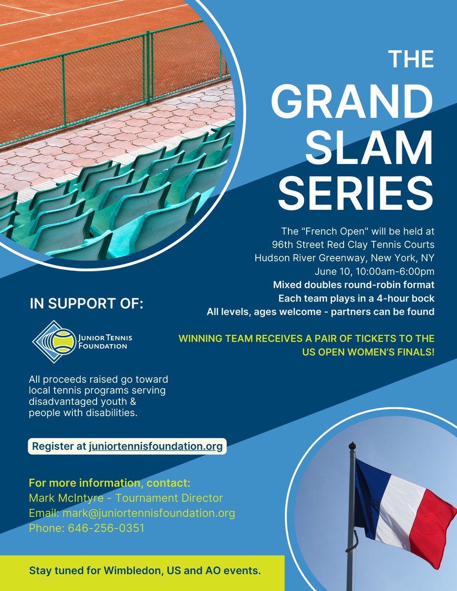 Junior Tennis Foundation (@juniortennisfdn) on Twitter photo Play on the fabulous red clay courts at <a href="/RiversideClay/">RiversideClay Tennis</a> in Manhattan's Riverside Park and support the Junior Tennis foundation. Next Saturday - Mixed Doubles Play on the fabulous red clay courts at <a href="/RiversideClay/">RiversideClay Tennis</a> in Manhattan's Riverside Park and support the Junior Tennis foundation. Next Saturday - Mixed Doubles