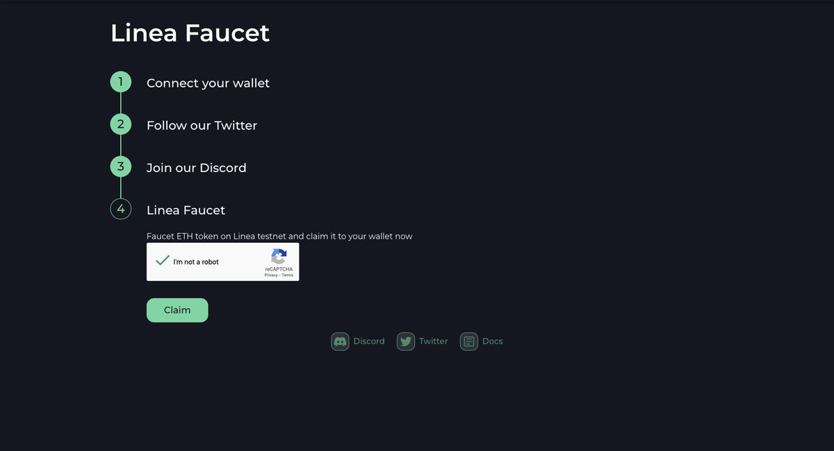 1⃣

Testnet esnasında M🦊tamask cüzdan kullanacağız ve Linea Goerli Test ağı üzerinde işlemleri yapacağız.

1) Faucet ile test tokenlarını almak için echodex.io/faucet sayfasına gidip cüzdanı bağlıyoruz
2) Twitter takip ve discord adımlarını yaparak hesaplarımızı bağlıyoruz