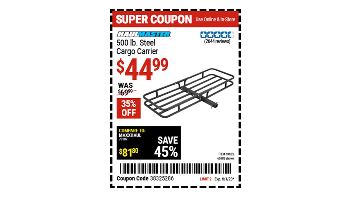 Buy the HAUL-MASTER 500 lb. Steel Cargo Carrier (Item 66983) for $44.99 with coupon code 38325286, valid through June 1, 2023. See the coupon for details: go.harborfreight.com/coupons/2023/0…