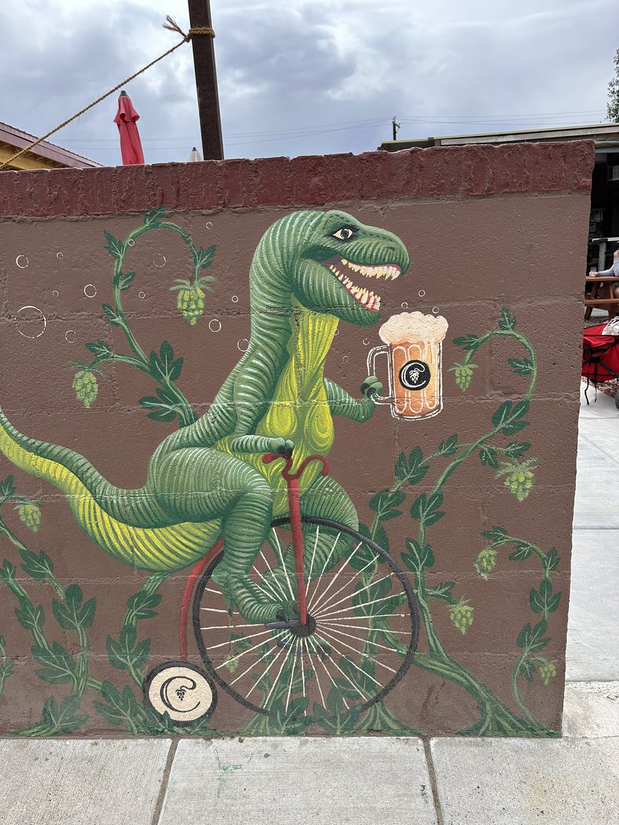 15 miles hiking to Rattlesnake Arches outside of Fruita, Colorado today. What a day! I’ll post deets and photos when I have a better signal.

For now please enjoy this mural of a dinosaur riding a penny farthing while drinking a brew.