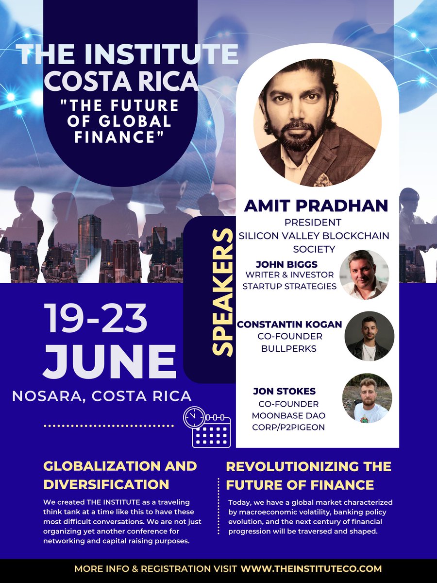 Looking forward to joining other industry experts at The Future of Global Finance event in Costa Rica June 19-23 to discuss the most pressing issues facing the world of finance. Hotel lodging/food all included: Register now theinstituteco.com Inbox me for discount code.