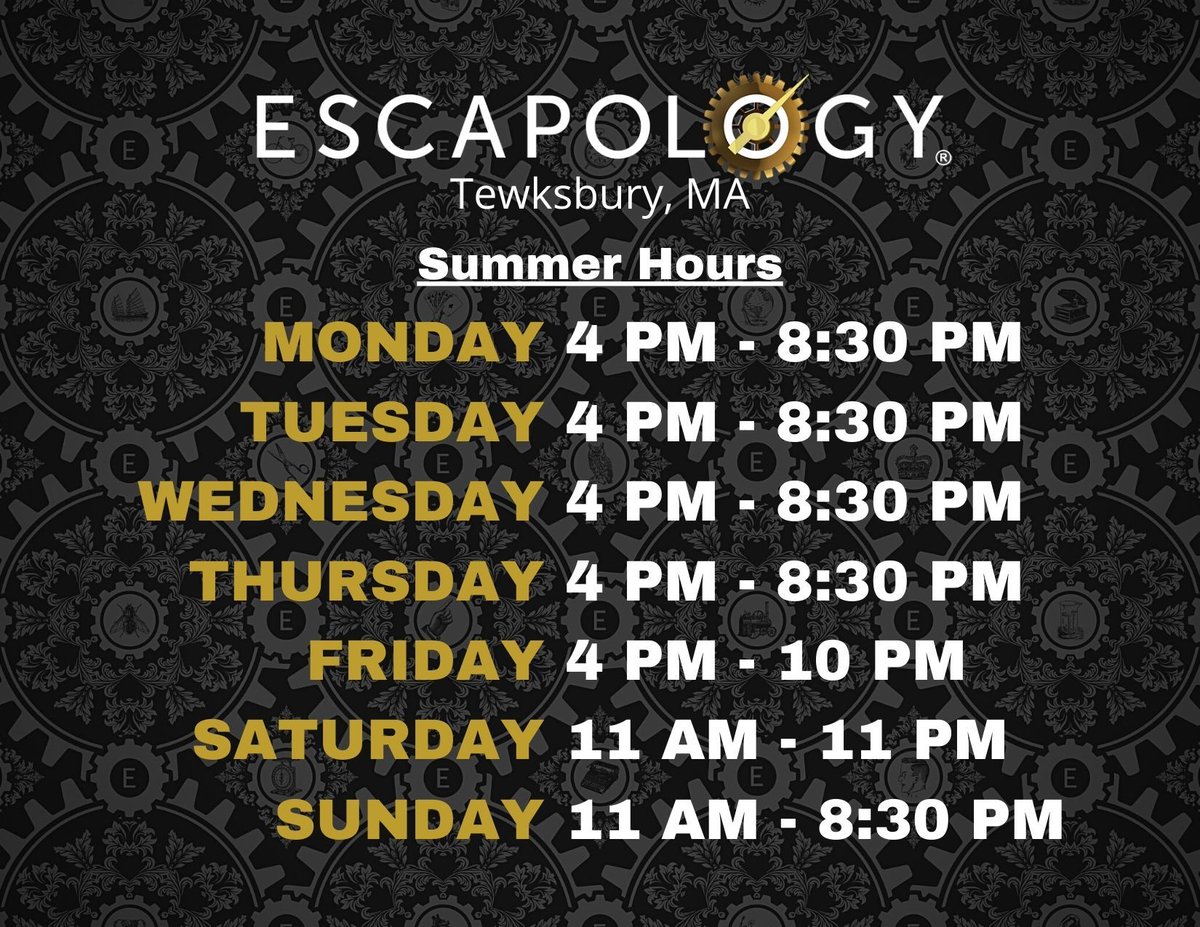 Get ready, it's almost summertime and we're extending our hours of operation starting Tuesday June 13th!

Visit our website: escapology.com/en/tewksbury-ma to book your escape room reservation!

*Our venue will be closed on Monday June 12th and Tuesday July 4th*