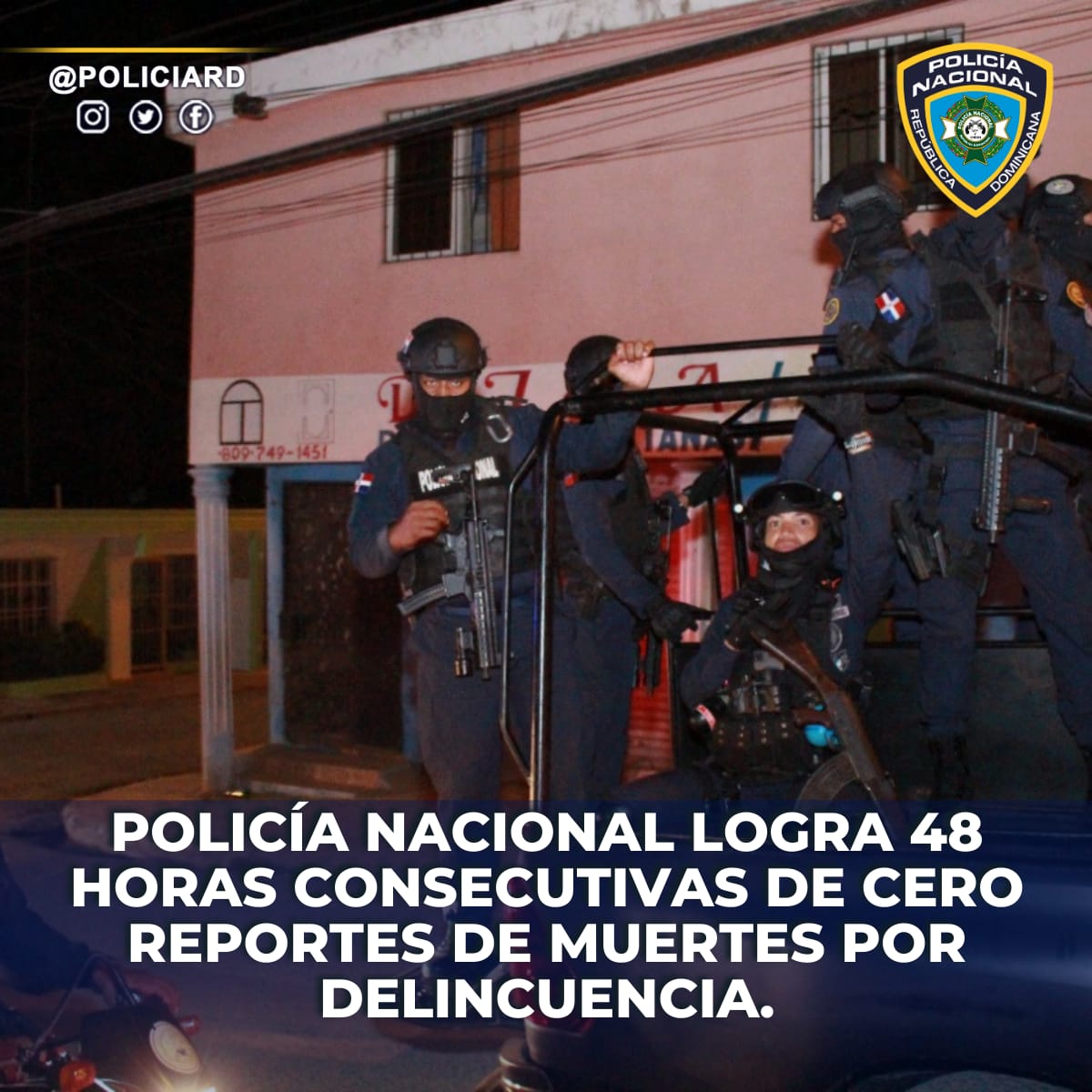 PoliciaRD's tweet photo. 🚨 Por segundo día consecutivo la Policía Nacional logra cero muertes por delincuencia, resultados históricos en la seguridad ciudadana en el país.

Detalles: https://t.co/qtZlAcW5Qo

#PNinforma https://t.co/1iDgddfGWV