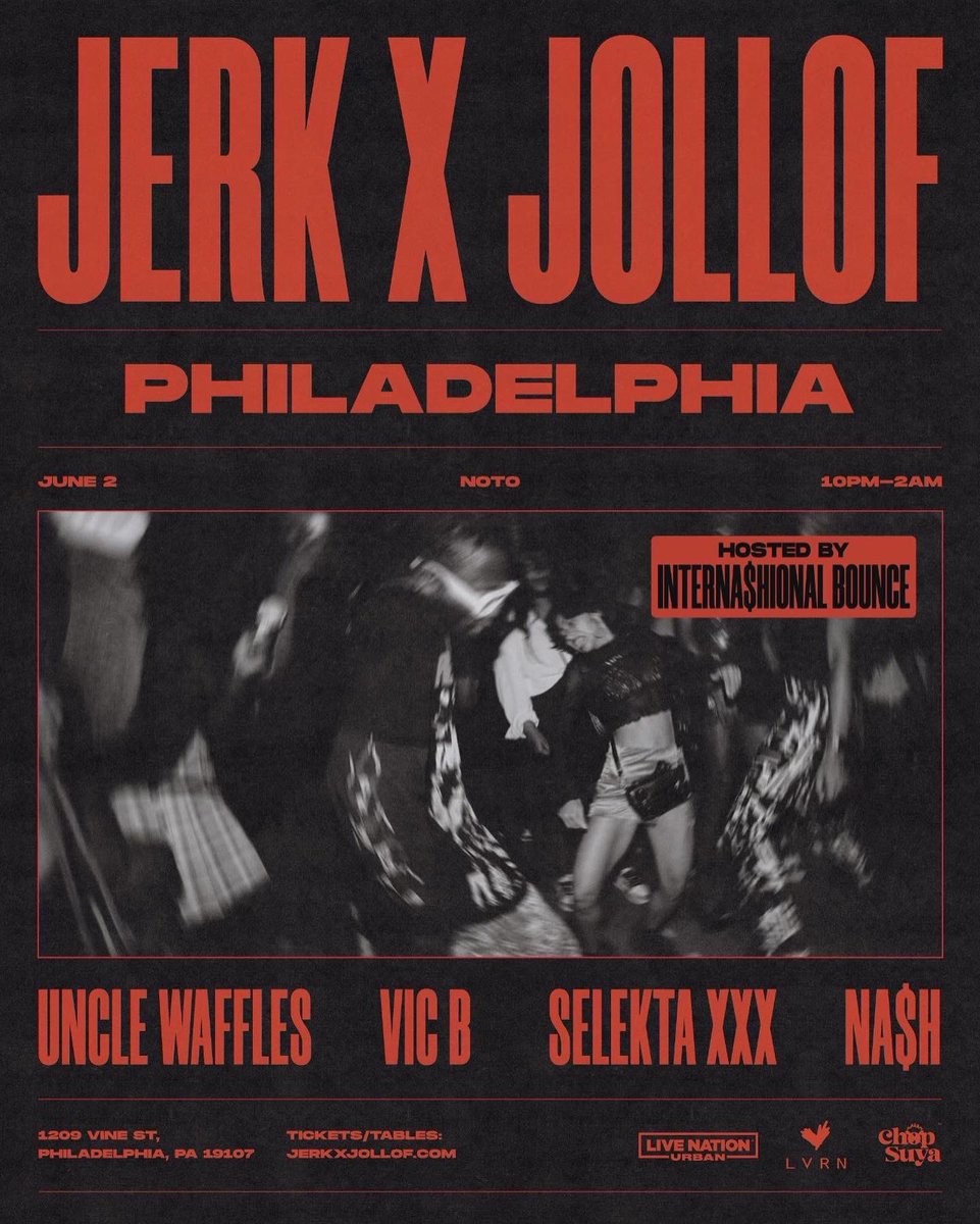 Come party w/ me and the Sexxxie Crew at @jerkxjollof TOMORROW at @notophl w/ Thee South African Queen @unclewaffles my sis @_NASHIRAH_ and my boy #vicb #rootspicnicweekend

Get your tickets at link.dice.fm/JxJPhillySELEK…