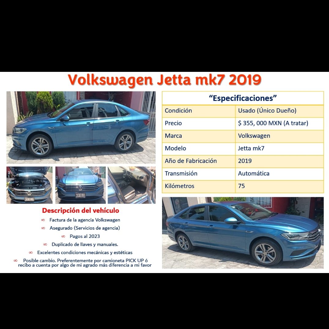 MaribelTlelo's tweet photo. 🚘Volkswagen Jetta mk7 2019
👉Automático
👁Único dueño
🚘Factura de la agencia Volkswagen.
👉Asegurado
😌Pagos al 2023
📣Servicios de agencia
👁75 mil kilómetros
👉Excelentes condiciones
🤑$355 mil a tratar
👉 Posible cambio
#AUTOENVENTA  
#JettaMk72019
#VentaDeAutomovil
IB https://t.co/gVXTJIc3dw