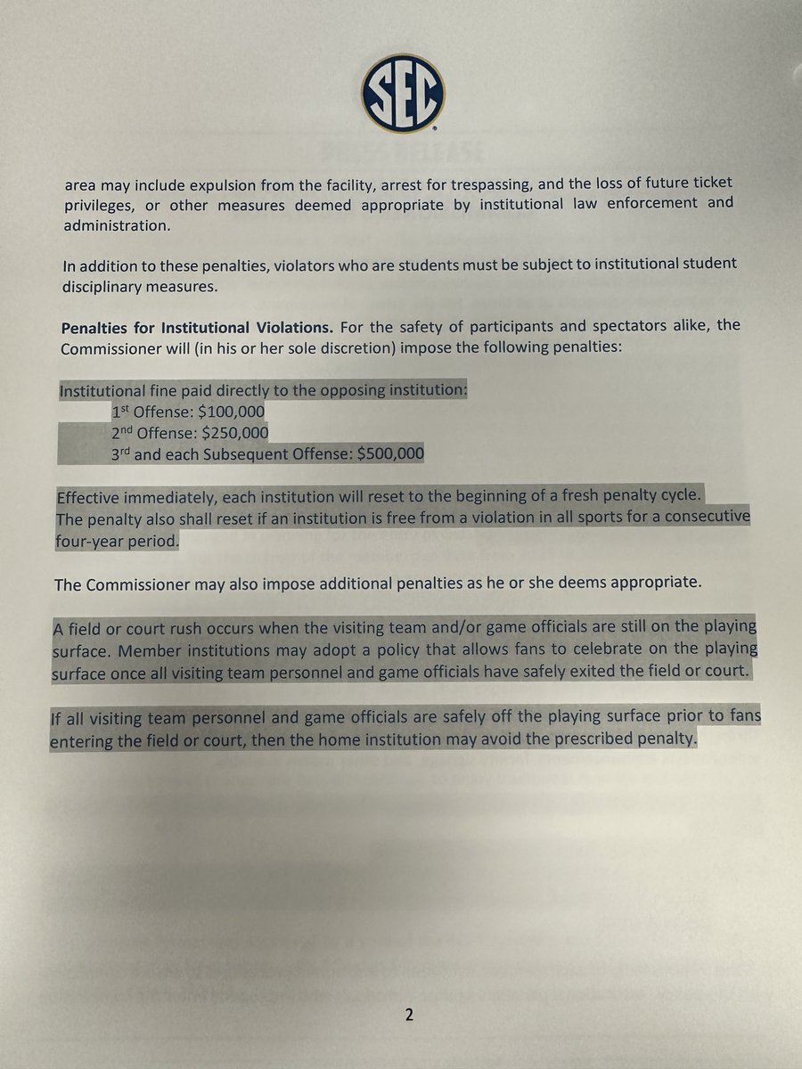 The SEC’s update related to field storming/court rushing issue — including new fine structure that will be paid directly to opponent.