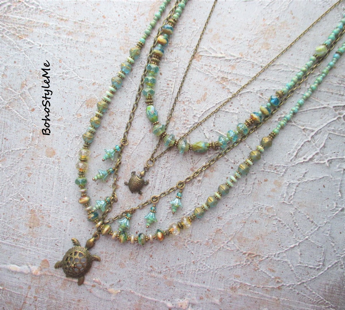 Turtle Beach, Boho Style Me Blue Green Beaded Layering Necklace, Ocean Nature Inspired Handmade Necklace, BohoStyleMe