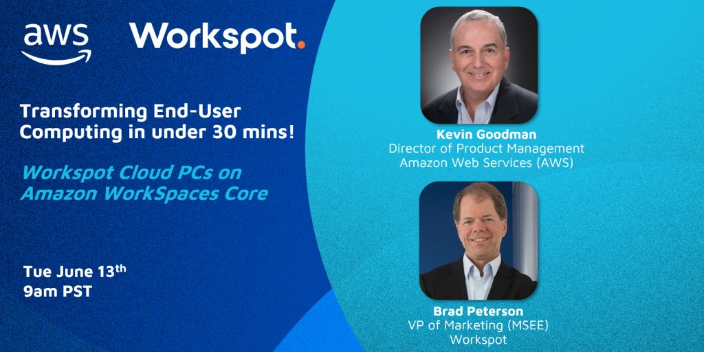 Workspot (@workspot) on Twitter photo Webinar June 13! Give us 30 minutes and you'll get an action plan for transforming end-user computing with Workspot Cloud PCs on Amazon Workspaces Core. Deploy on-prem, on <a href="/awscloud/">Amazon Web Services</a> or both, achieve industry-leading 99.99% Cloud PC availability and more. bit.ly/3OZ5cUO Webinar June 13! Give us 30 minutes and you'll get an action plan for transforming end-user computing with Workspot Cloud PCs on Amazon Workspaces Core. Deploy on-prem, on <a href="/awscloud/">Amazon Web Services</a> or both, achieve industry-leading 99.99% Cloud PC availability and more. bit.ly/3OZ5cUO
