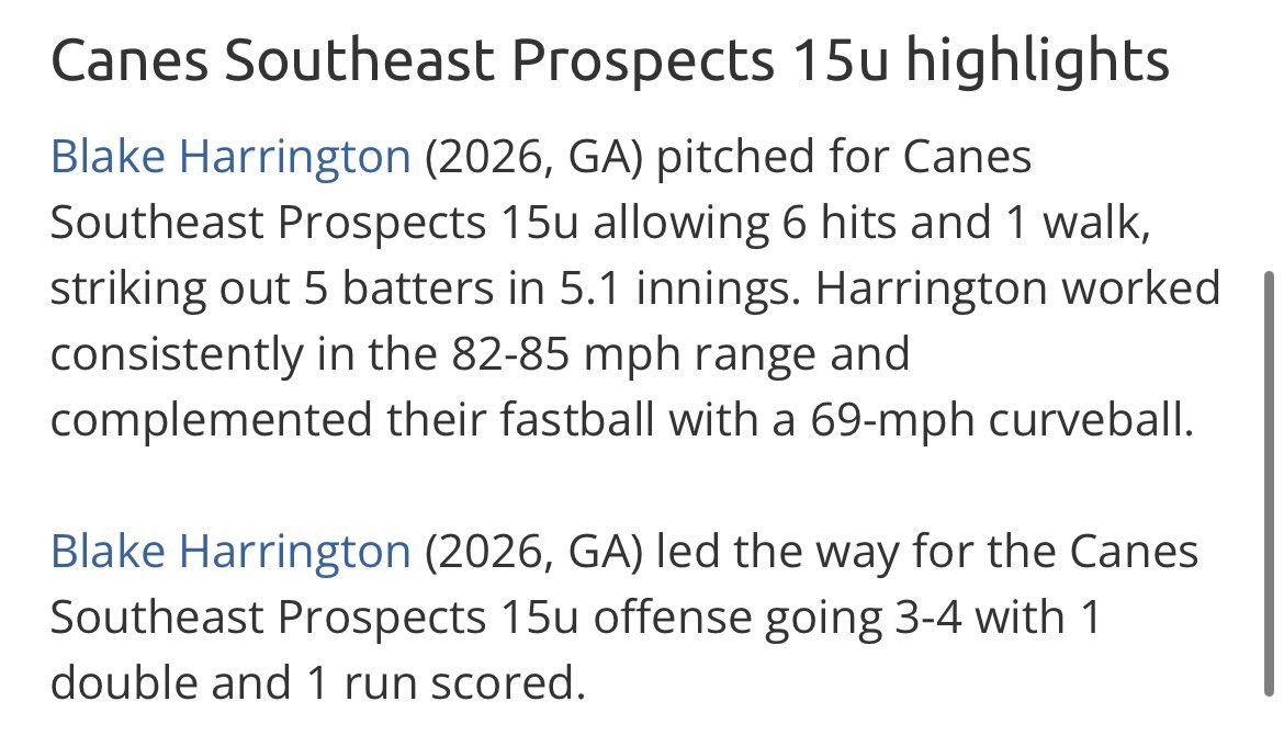 Blake Harrington (@blakebth_14) on Twitter photo First outing of the summer. 5ks through 5 innings, topping out at 85. <a href="/CoachLeger1/">Coach Léger ⚾️</a> <a href="/LSUCoachJ/">Jay Johnson</a> <a href="/CoachLovelady23/">Greg Lovelady</a> <a href="/aclaggs10/">Anthony Claggett</a> <a href="/canessoutheast/">Canes Southeast</a> <a href="/_Will_Coggin/">Will Coggin</a> First outing of the summer. 5ks through 5 innings, topping out at 85. <a href="/CoachLeger1/">Coach Léger ⚾️</a> <a href="/LSUCoachJ/">Jay Johnson</a> <a href="/CoachLovelady23/">Greg Lovelady</a> <a href="/aclaggs10/">Anthony Claggett</a> <a href="/canessoutheast/">Canes Southeast</a> <a href="/_Will_Coggin/">Will Coggin</a>