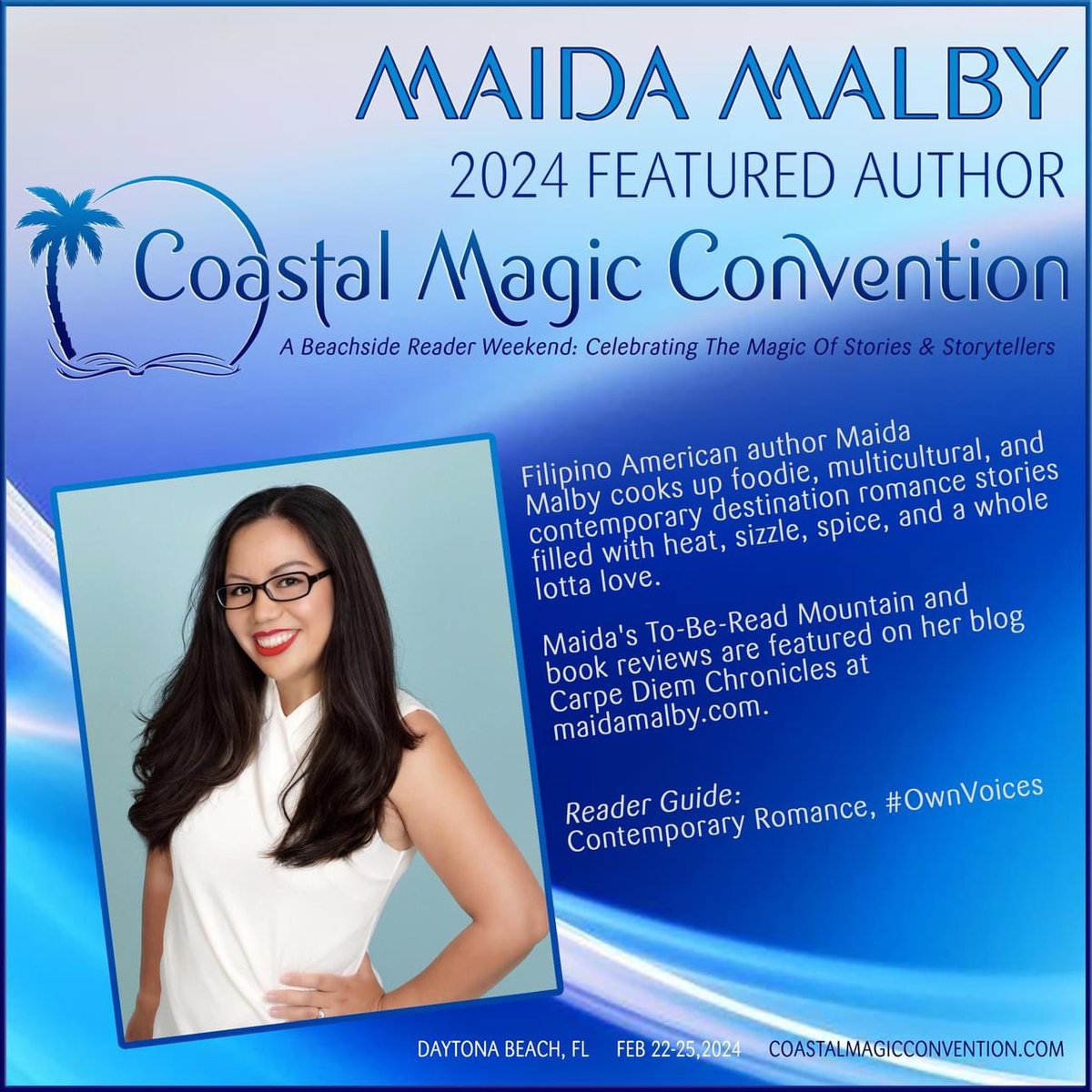 Huge day for announcements today. 📣 

I’m happy to share with you all that I will be a #featuredauthor in the 2024 @CoastalMagicCon at Daytona Beach, FL from February 22-25, 2024 🌊 

#CMCon24