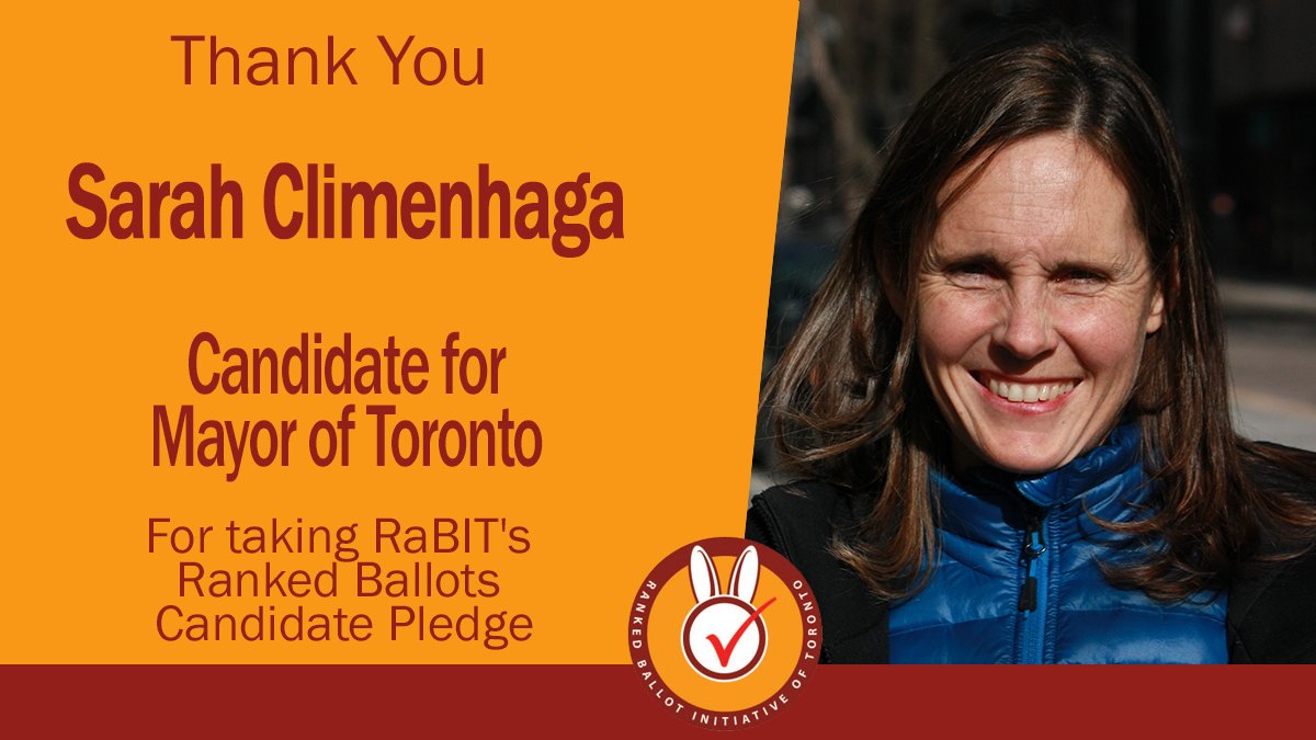 Thank you, Sarah Climenhaga @SarahC_Toronto, Candidate for Mayor of Toronto for pledging to support #rankedballots in #TOpoli.

#elxn2023 #onpoli #RestoreLocalChoice