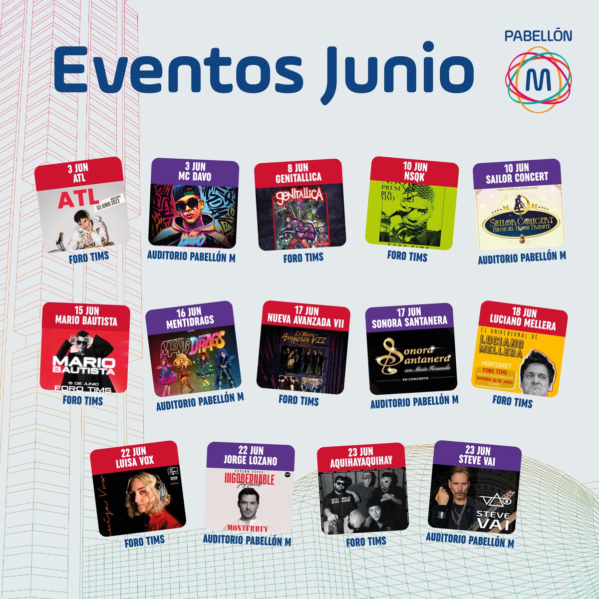 Ya inició el mes de Junio y estamos listos para recibirlos en nuestros recintos musicales. 🤩

¿En cuál evento te vamos a ver en @AuditorioPM y <a href="/ForoTims/">Foro Tims</a>? 👀

🎟Los boletos de todos los eventos se pueden adquirir en nuestras taquillas en Planta Baja y en línea por Ticketmaster.