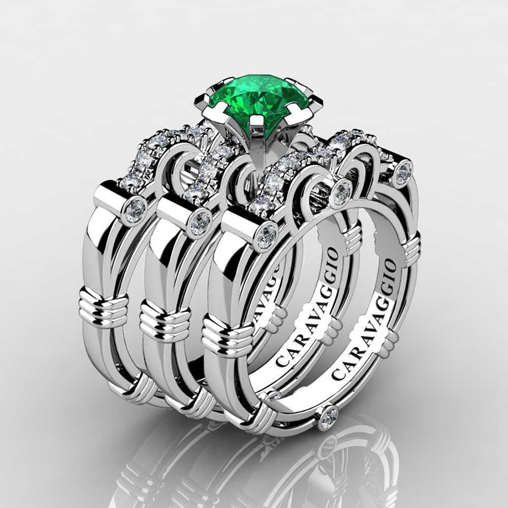 Trio Bridal Set 💎 caravaggiojewelry.com/?p=376816 Art Masters Caravaggio Trio 950 Platinum 1.0 Ct Emerald Diamond Engagement Ring Wedding Band Set R623S3-PLATDEM at Caravaggio™ Jewelry