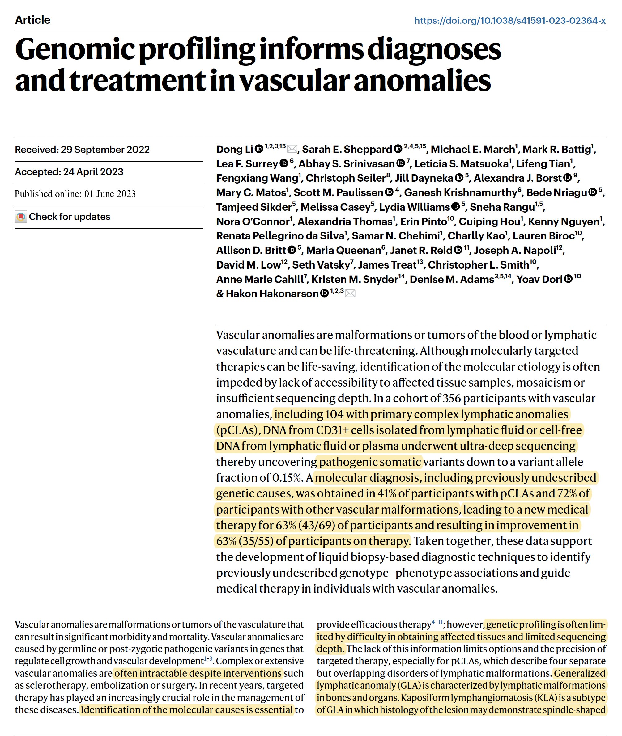 Genomic profiling informs diagnoses and treatment in vascular anomalies