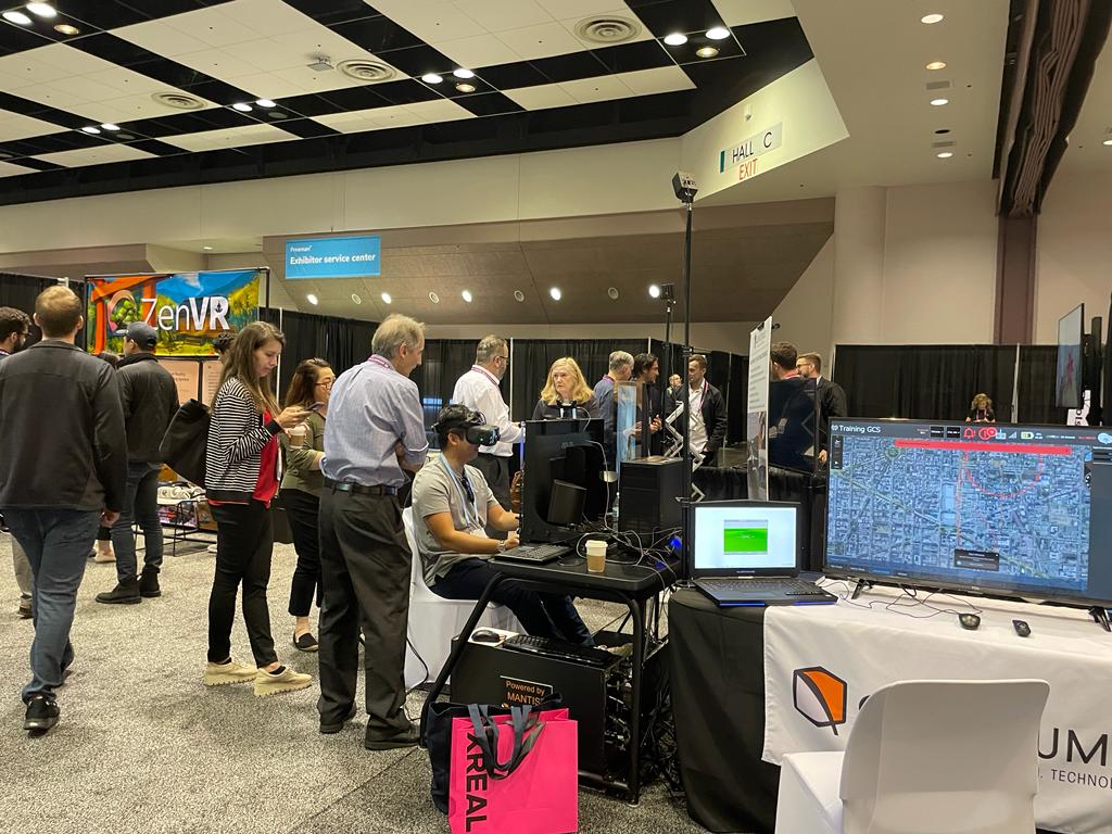 Quantum3D's tweet photo. It has been a long day at #AWE2023 with a lot of visitors. Come to Quantum3D's booth (1047) to try our state-of-the-art, affordable Mixed Reality Flight Simulator powered by MANTIS Image and Sensor generation software.
#Quantum3D #AWE #flightsimulator #simulation #mixedreality https://t.co/XWGrL3hMJr