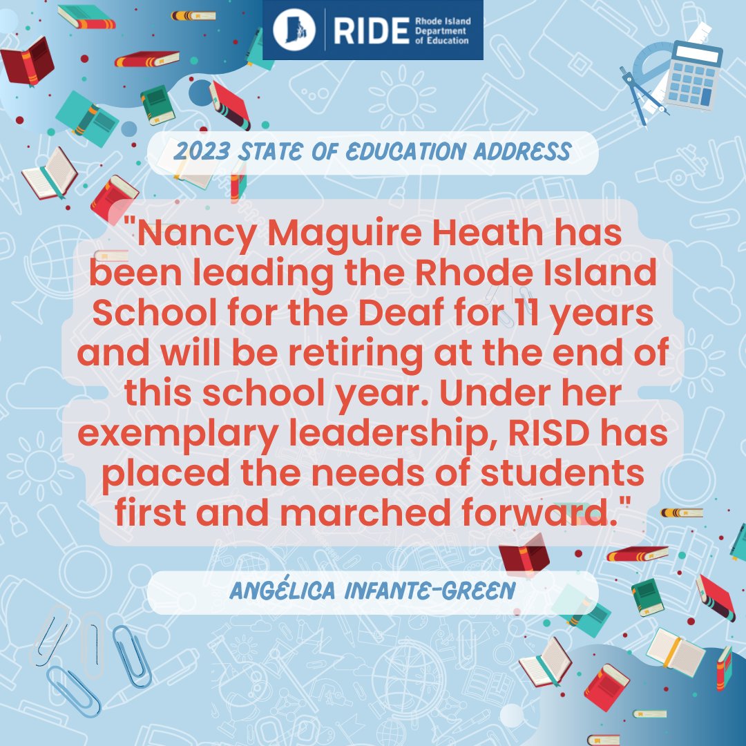 Rhode Island Department of Education (RIDE) (@ridepted) on Twitter photo Nancy Maguire Heath has been leading the <a href="/RISDEAF/">RI School Deaf</a> for 11 years and will be retiring at the end of this school year. Under her exemplary leadership, RISD has placed the needs of students first and marched forward. #RISOE2023 Nancy Maguire Heath has been leading the <a href="/RISDEAF/">RI School Deaf</a> for 11 years and will be retiring at the end of this school year. Under her exemplary leadership, RISD has placed the needs of students first and marched forward. #RISOE2023