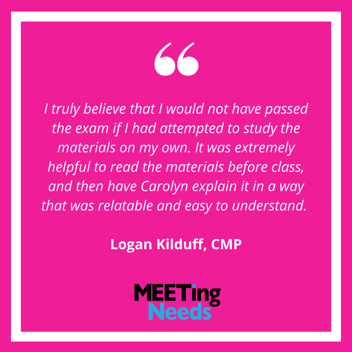Thank you, Logan! Have you decided to sit for the CMP (Certified Meeting Professional) Exam? Learn more about my #CMP prep class here: buff.ly/3bWfgfV
#testimonialthursday #eventleaders @eventleadershipinstitute